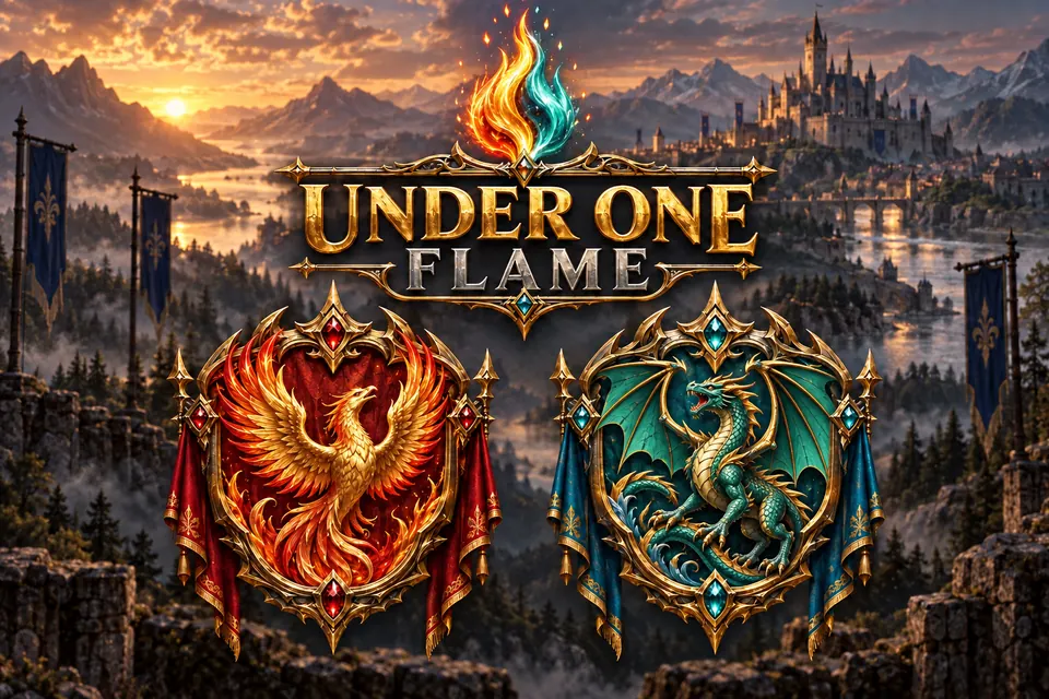 A phoenix and a dragon beneath one flame of gold and teal, over a valley with a castle at dusk.